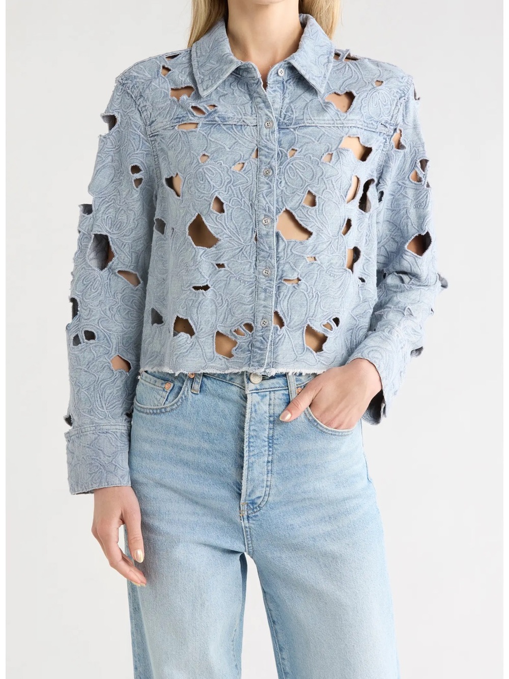 Alice and Olivia Finely Laser Cut Denim Shirt